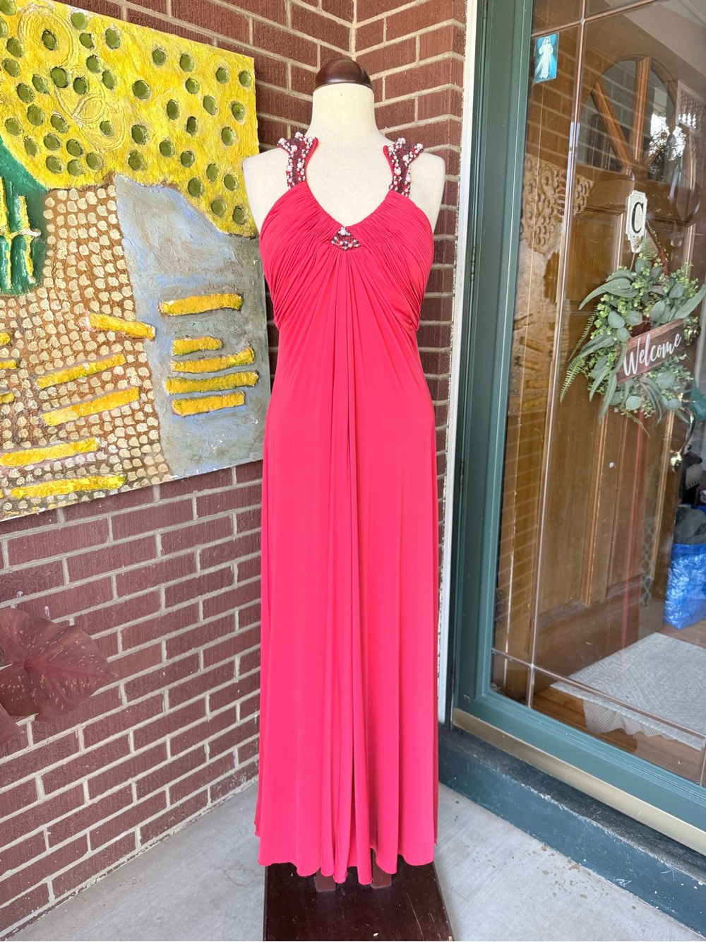 Aidan Mattox Red Beaded Halter Maxi Gown